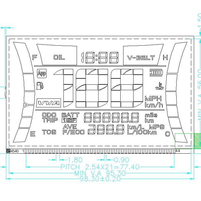 Pantalla LCD personalizada Velocímetro de motocicleta de 7 segmentos Pantalla LCD Htn Fabricante de velocímetro de motocicleta transflectivo