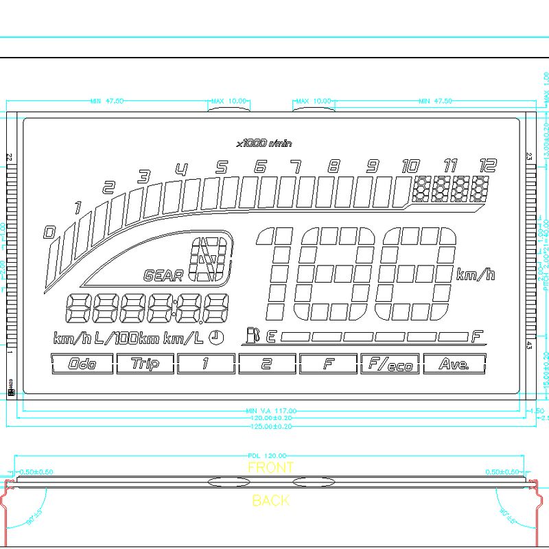 Pantalla LCD HTN personalizada, pantalla LCD azul de 7 segmentos, panel LCD de segmento negativo HTN para velocímetro