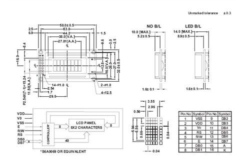 8 x 2 exhibición gris 6' del modo STN LCD estándar de ISO del regulador del ángulo de visión del reloj S6A0069